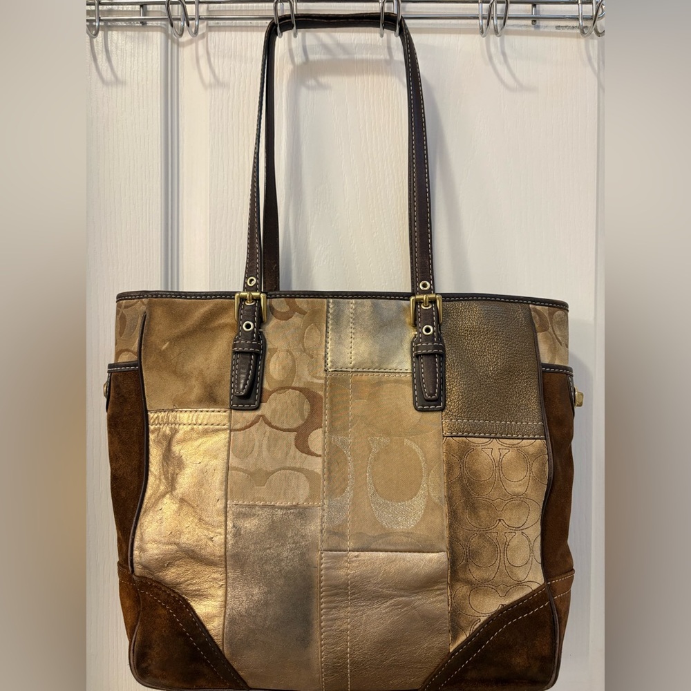 Vintage Coach Brown and Gold Patchwork Tote Bag - NOTE CONDITION